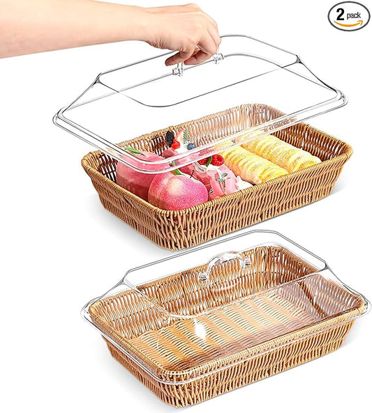 2 Set Wicker Bread Basket for Serving with Acrylic Lid Imitation Rattan Bread Basket Woven Rectangular with Cover for Fruit Food Display Party Easter Picnic(13.78" X 9.84")