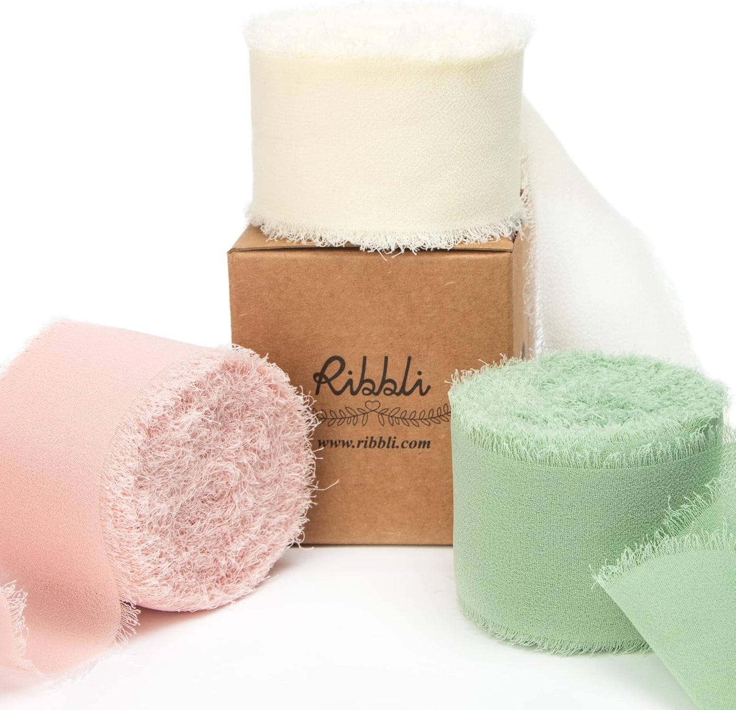 Ribbli Chiffon Ribbon 1.5 inch x 30 Yard Handmade Silk Ribbon, Ivory/Blush Pink/Sage Green Fringe Chiffon Ribbon for Wedding Invitations, Bridal Bouquets Wrapping, Flower Arrangement Decoration