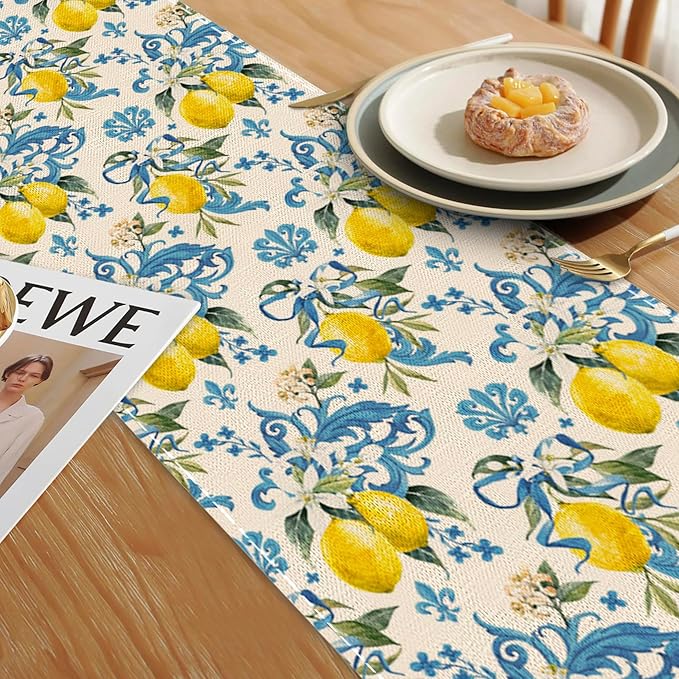 Lemon Flower Table Runner Dresser Scarves Seasonal Linen Tablerunner for Indoor Outdoor Kitchen Home Party Holiday Dining Table Decor 13 X 70 Inch