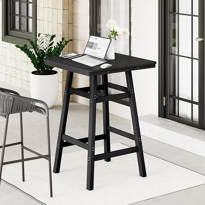 Costaelm Outdoor Bar Table, 42" Counter Height Square Patio Cocktail Bar Table with Umbrella Hole, Patio Bistro Dining Pub Table for Front Porch Deck Backyard Garden, Black