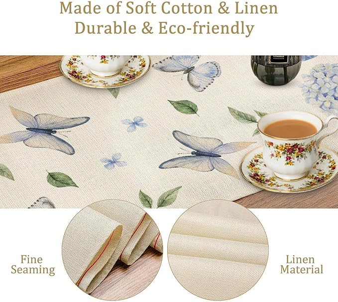 Spring Hydrangea Table Runner, Summer Moth Watercolor Sky Blue Butterfly Flowers Rustic Farmhouse Garden Print Table Cover for Kitchen Dining Room Table Home Party Decor,13x90inch