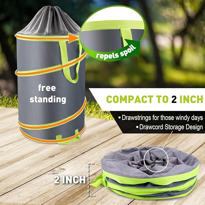 Resuable Leaf Bag 2 Pack, Collapsible Trash Can for Camping, Garden Waste Bag Pop Up, 120L Large Yard Waste Container with Drain Holes and Drawstrings for Windy Days