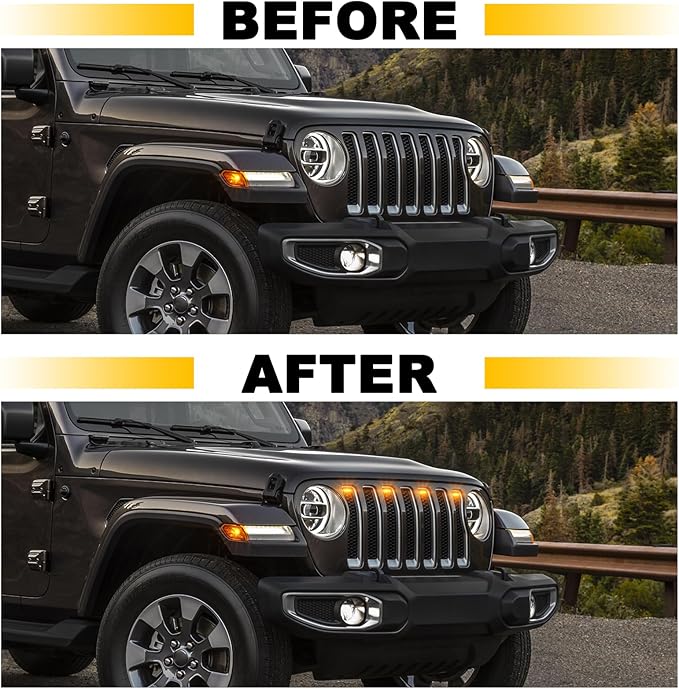 Led Grill Grille Lights fit for 2019 2020 2021 2022 2023 Jeep Wrangler JL JLU Rubicon Sahara Sport Front Grille Grills Light Front Headlights Wrangler JL Jlu 2018-2023 4Pcs Amber Led (Amber JL 4P)