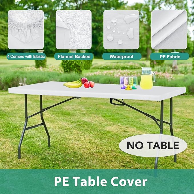 LUSHVIDA 10 Packs Vinyl Tablecloths with Flannel Backing for 6ft Rectangle Folding Table Cloths - Waterproof Plastic Picnic Table Covers with Elastic Corners, 30x72 inch, White