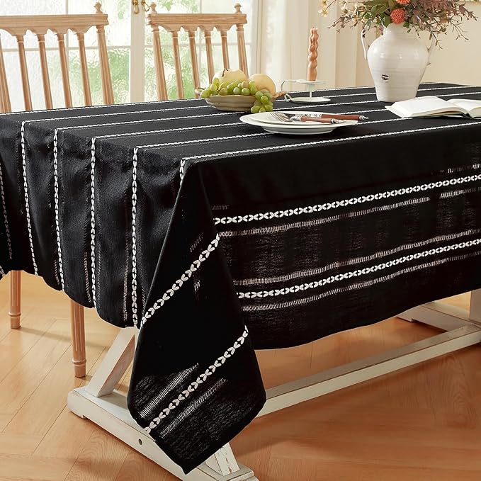 Chassic 60 x 120 inches Farmhouse Style Linen tablecloths, Wrinkle Resistant Washable Dining Room Table Cloths for 8 Foot Rectangle Tables - Hemstitch Black