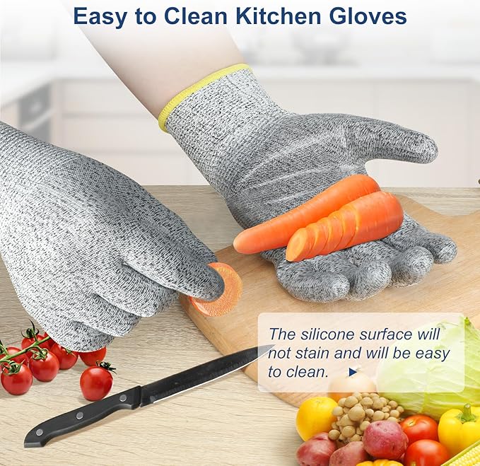 Dowellife Level 5 Cut Resistant Gloves with Silicone Coating, Food Grade Kitchen Knife Safety Gloves, Work Gloves for Chef, Mandoline Oyster Shucking Meat Cutting Wood Carving (Gray X-Large), Grey