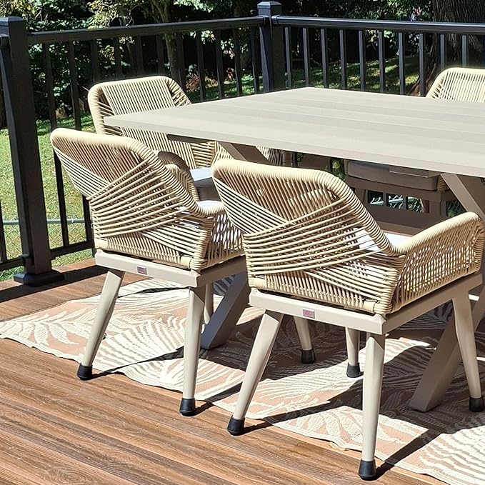 PURPLE LEAF 9 Pieces Outdoor Dining Set All-Weather PE Rattan Outdoor Patio Furniture Set with All Aluminum Frame Rectangular Table and Chairs Set for Lawn Garden Backyard Deck, Champagne