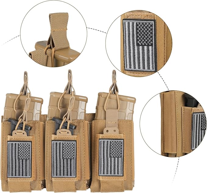 Open-Top Single/Double/Triple Molle Mag Pouch for 5.56mm M4 M16 AK AR Glock M1911 9mm Elastic Rifle Magazines Pistol Mag Pouches Holder Carrier with USA Flag Patch