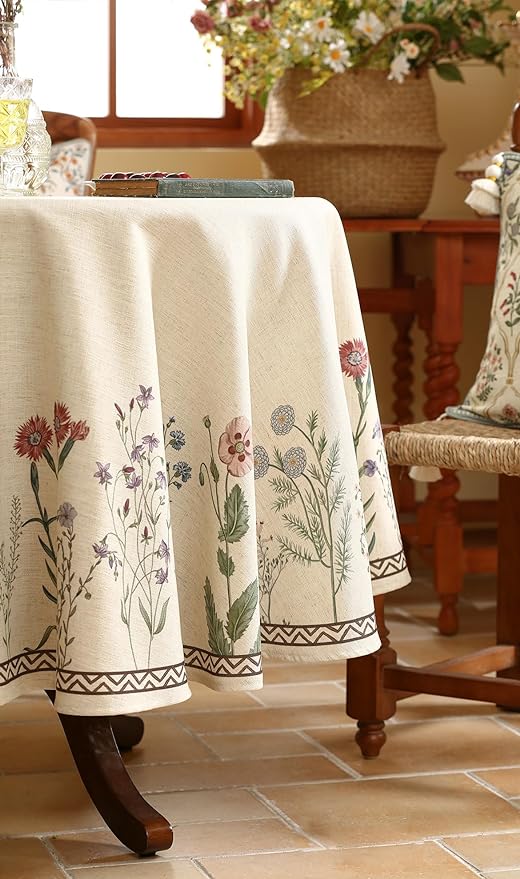 ISAENNE Designer Off White Linen Small Round Tablecloth,Floral Elegant Table Cloth,Stain Resistant Vintage Decor Tablecloths for Dining Thanksgiving Kitchen Christmas,Diameter 55"-Serenity G