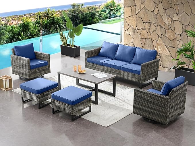 HUMMUH Outdoor Ottomans for Patio Set of 2 PE Wicker Outdoor Footstool with Removable Weather-Resistant Cushions for Patio, Backyard