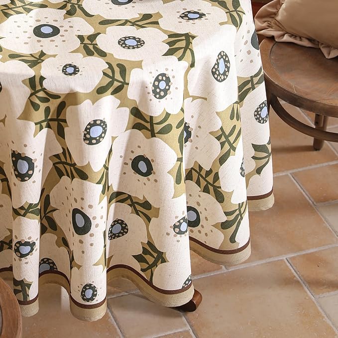 Designer Vintage Small Round Tablecloth,Linen French Tablecloth with White Floral Pattern,Decor Table Cover for Kitchen,Dining,Thanksgiving,Tea Party,Diameter 55"-Hidaka