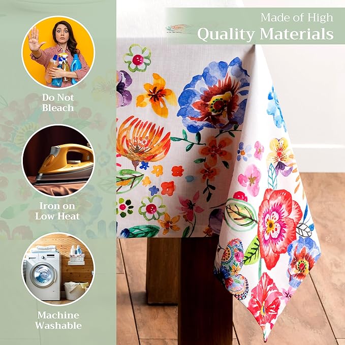 Maison d' Hermine Table Cloth Rectangle Table 100% Cotton 70 x 120 Inches Tablecloth Reusable for Dining Room, Farmhouse, Home, Party, Festive & Wedding Spring Summer - Happy Florals - High Summer