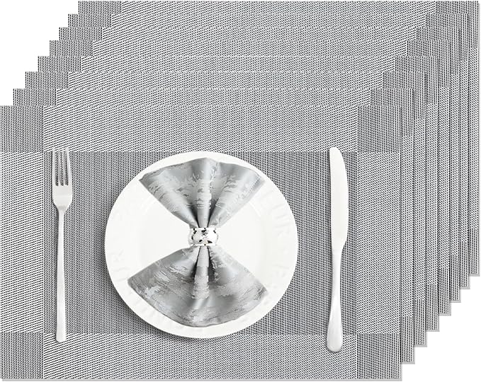 Placemats Set of 8 Washable&Wipeable Silver Place mats for Dining Table Kitchen Indoor Outdoor Table Mats Heat Resistant Non Slip Woven Vinyl Table Placemats (Grey，8PCS)