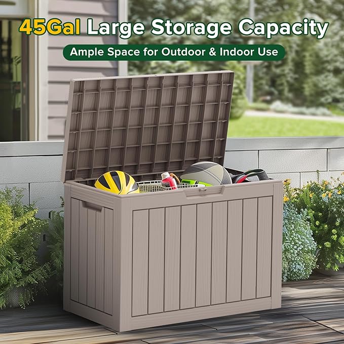 45 Gallon Resin Deck Box, Waterproof Outdoor Storage Box for Patio, Poolside, and Garden, Lockable UV-Resistant Storage Bin Bench Cabinet for Small Spaces, Grey