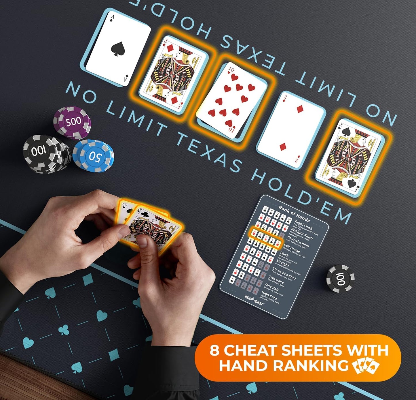 Newverest Poker Table Top 70" x 35", Texas Hold'em Poker Mat for Home Game Nights Up to 10 Players, Casino| Poker Topper Cloth for Tables in Zipper Storage Bag with 8 Coasters in Poker Gift-Ready Box