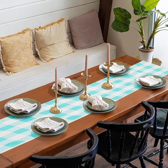Fabric Checkered Table Runner 6 Pack Waterproof Gingham Table Runner 14W x 108L Buffalo Check Table Runners for Parties Kitchen Dining Wedding Banquet (Aqua and White)