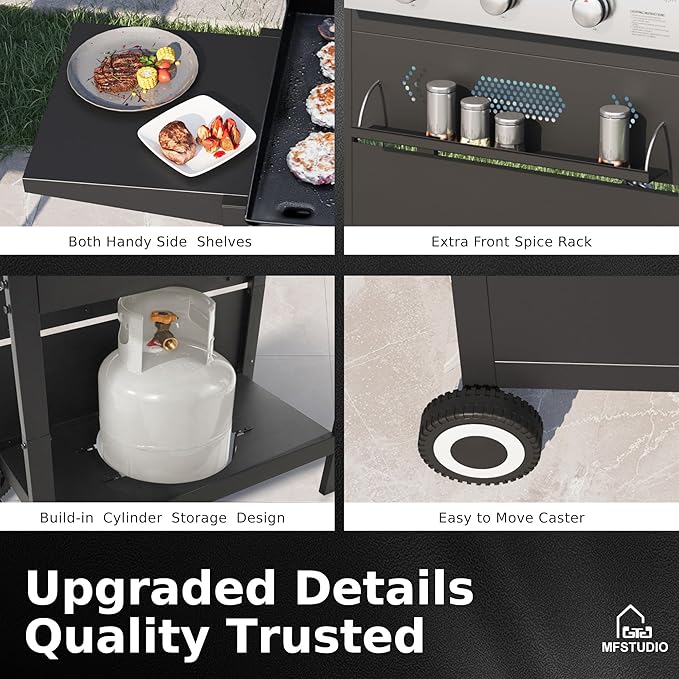 MFSTUDIO 27 Inch Flat Top Propane Gas Griddle Grill, Ceramic Coated Cast Iron Pan, Outdoor Flattop Grill with Lid for Cooking