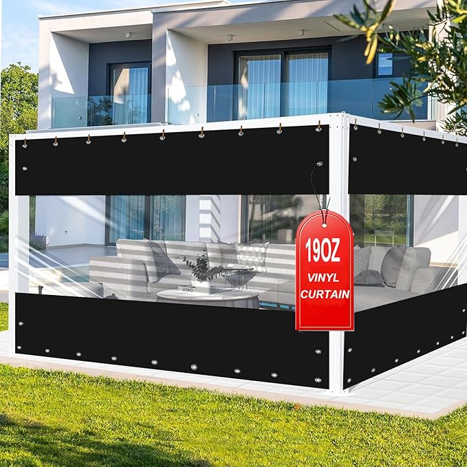 FoundGo 10'Hx07'W Vinyl Curtains for Patio 19oz, Outdoor Clear Vinyl Patio Enclosure,Heavy Duty Clear Tarp Waterproof Vinyl Tarps with Grommets for Pergola, Balcony,Porch,Gazebos，-4℉ Cold Resistant