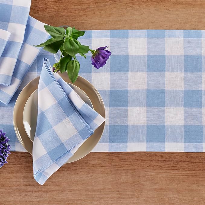 Solino Home Linen Checkered Table Runner 144 Inches Long - 100% Pure Linen Buffalo Check Chambray Blue and White Table Runner 14 x 144 Inch Ideal for Dining, Winter, Spring, Easter