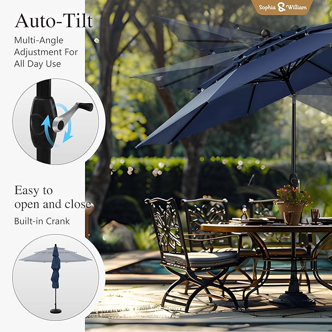 Sophia & William Metal Outdoor Patio Dining Set 6 PCS with 10ft 3 Tier Auto-tilt Umbrella(Navy Blue), 4 x Metal Outdoor Chairs, 1 x Square 37"x 37" Dining Table and 1 Patio Umbrella