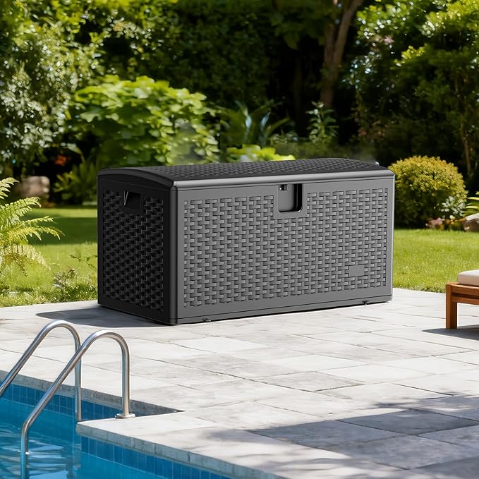 JEKO&JEKO 150 Gallon Outdoor Storage Box Set, 2-Pack 75 Gallon Plastic Deck Boxes with Lockable Lid for Patio, Garden Tools, Outdoor Cushions and Shoes, Black