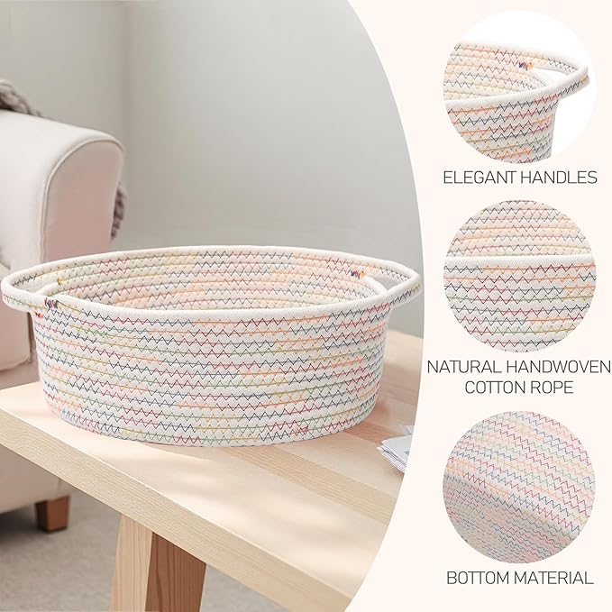 Woven Basket,Small Rope Storage Bin with Handles & Ribbon Bag, Organizer for Shelves Closets,Gift Basket Empty for Birthday,Books,Dog Toys, Colorful/2 Pack