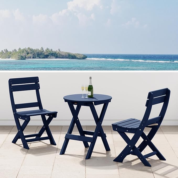 Costaelm Paradise 3-Piece Outdoor HDPE Folding Patio Bistro Table and Chairs, Navy Blue