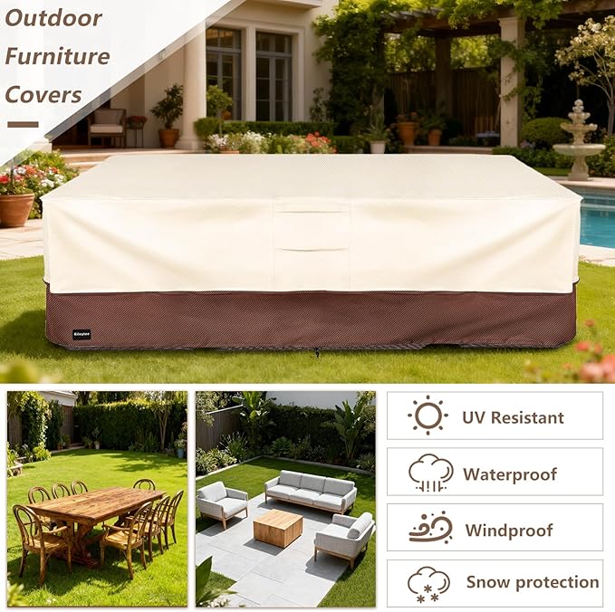 Rectangular Patio Furniture Covers,Upgraded 600D Heavy Duty Outdoor Furniture Covers Waterproof,Outdoor Sectional Dining Table and Chairs General Purpose Furniture Set Cover,111"L × 74"W × 28"H,Beige