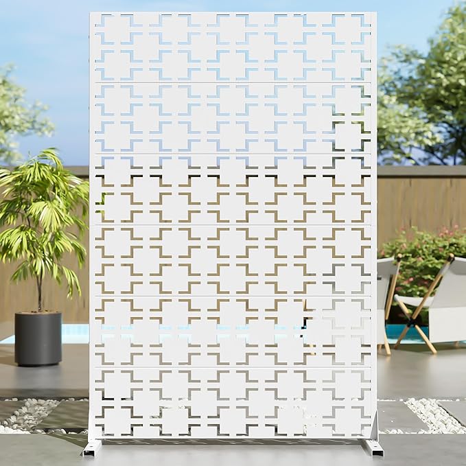 Casaphoria Metal Privacy Screen Outdoor, 72" H x 47" W Freestanding Decorative Privacy Screen for Patio Deck Balcony Garden with Stable Base, White Brick