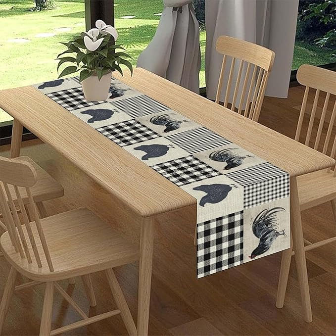 Farmhouse Rooster Table Runner, Vintage Rooster Retro Farmhouse Country Chicken Buffalo Checked Coffee Table Center Decor for Home Kitchen Dining Patio Holiday Party Table Decorations 13"x72"