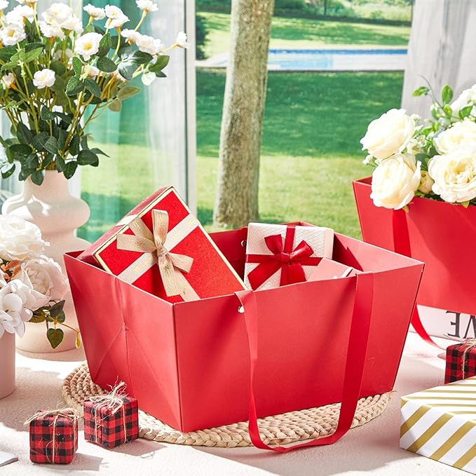 Tuanse 30 Pcs Basket for Gift Empty DIY Bulk Gift Basket Kit with Handle Kraft Cardboard Tray with 30 Bag 30 Bow Market Tray for Wedding Party(Red,12.6 x 9.8 x 5.9 in)