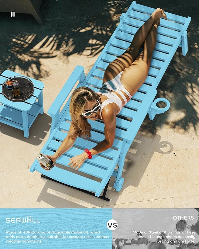 SERWALL Patio Chaise Lounge Chair Set of 2, 78'' Long 5-Positions Adjustable HDPE Outdoor Lounger for Pool, Poly Lounge Chair with Rolling Wheels & Cup Holder for Poolside, Deck, Light Blue
