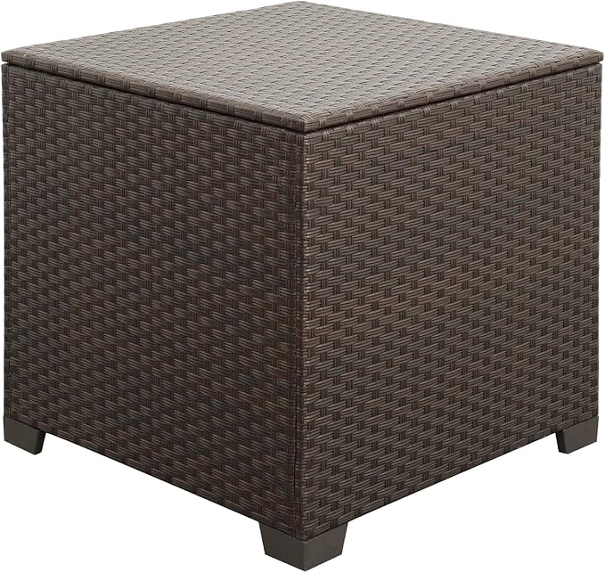 Rattaner 80 Gallon Wicker Outdoor Storage Box Square Patio Storage Bin with Waterproof Lining Bag Deck Storage Box and Cushion Storage Bin Outdoor, Brown Wicker