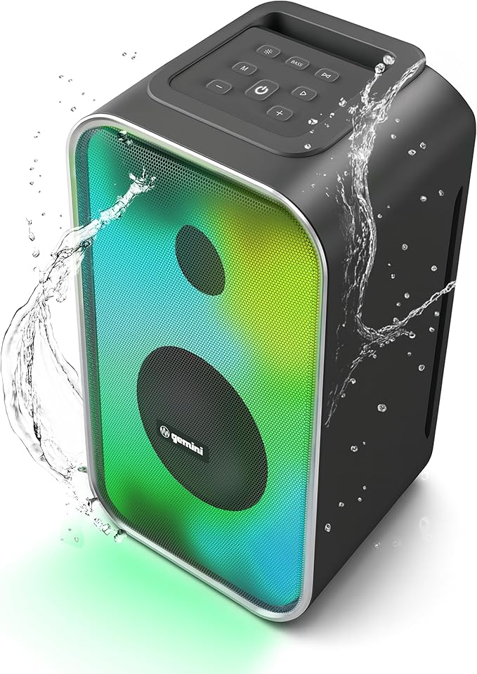 Gemini Portable Bluetooth Party Speaker with LED Lights - 600W Peak Power, 6Hr Battery, IPX5 Waterproof, USB/AUX/FM Radio for Outdoor BBQ Pool Parties (GNV-60)
