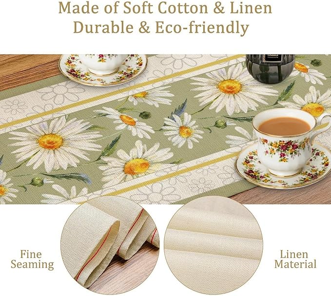 Daisy Flower Table Runner, Summer Watercolor Plants Floral Spring Garden Table Cover for Farmhouse Kitchen Dining Room Party Picnic Table Decor, 13x108inch