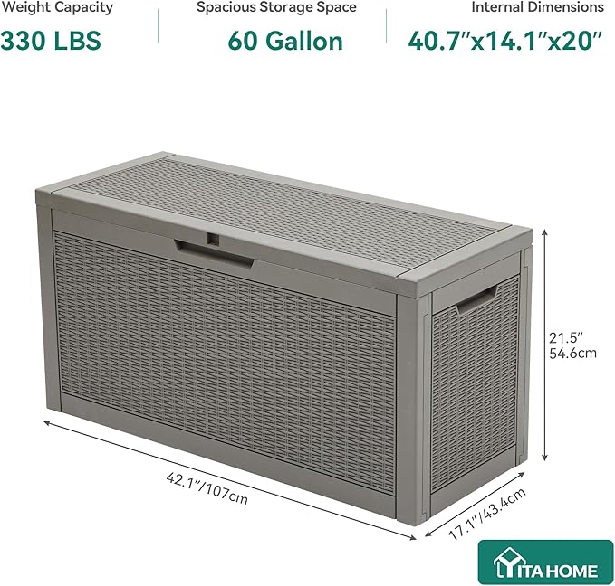 YITAHOME 60 Gallon Resin Deck Box, Weather Resistant Outdoor Rattan Storage Box, Lockable Indoor Outdoor Storage for Supplies and Essentials, Taupe