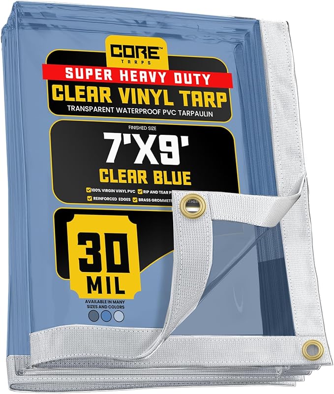 Core Tarps 30 Mil Extreme Heavy Duty Clear Tarp with Gromments - 7x9ft Super Clear Tarps Heavy Duty Waterproof Vinyl Tarpaulin, Transparent Tarp for Outdoor, Camping & Construction, Clear Blue