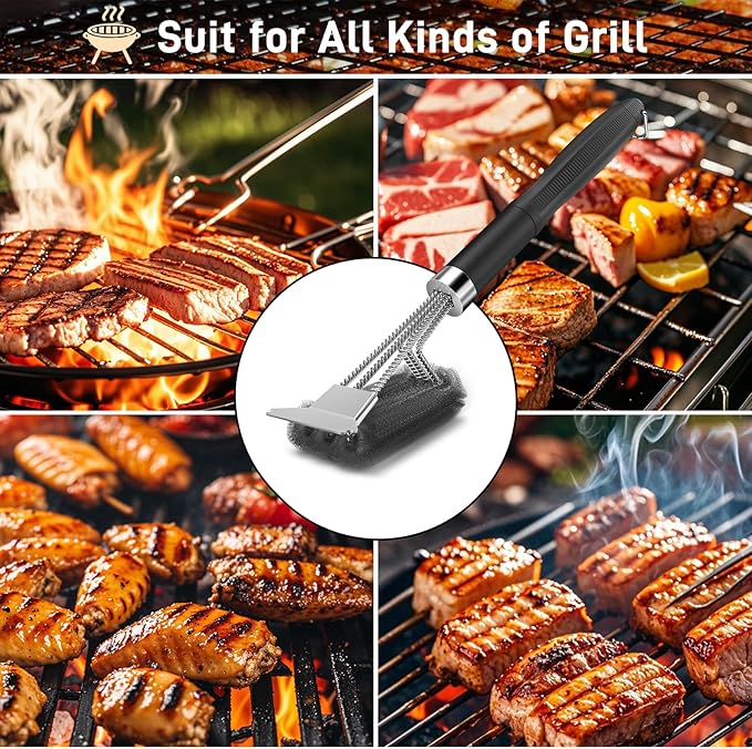 Grill Brush and Scraper-18 Adjustable Handle Safe BBQ Grill Brush for Outdoor Grill-Deep Grill Clearning Brush wih Bottle Operner Extra Strong BBQ Cleaner Accessories for Gas/Charcoal Grilling Grates