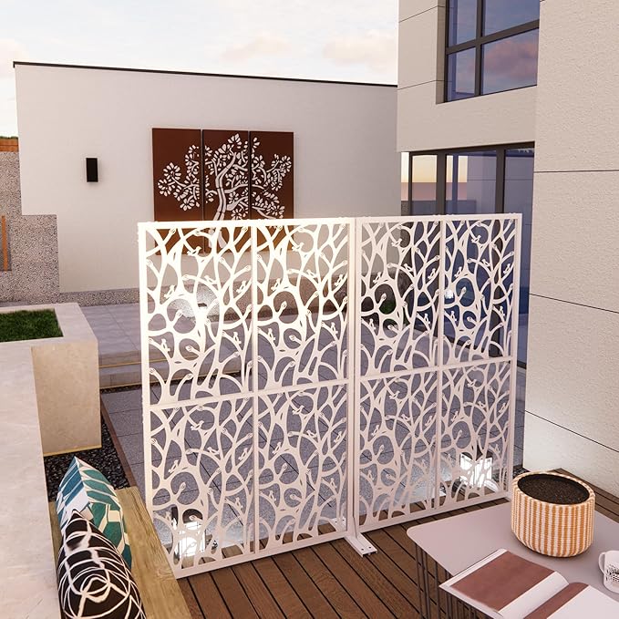 Metal Privacy Screen Room Divider 72" H x 45.3" W, Free Standing Decorative Panel with Bird Design for Indoor Outdoor Use, Black Iron Partition for Patio Balcony Garden (Bird White)