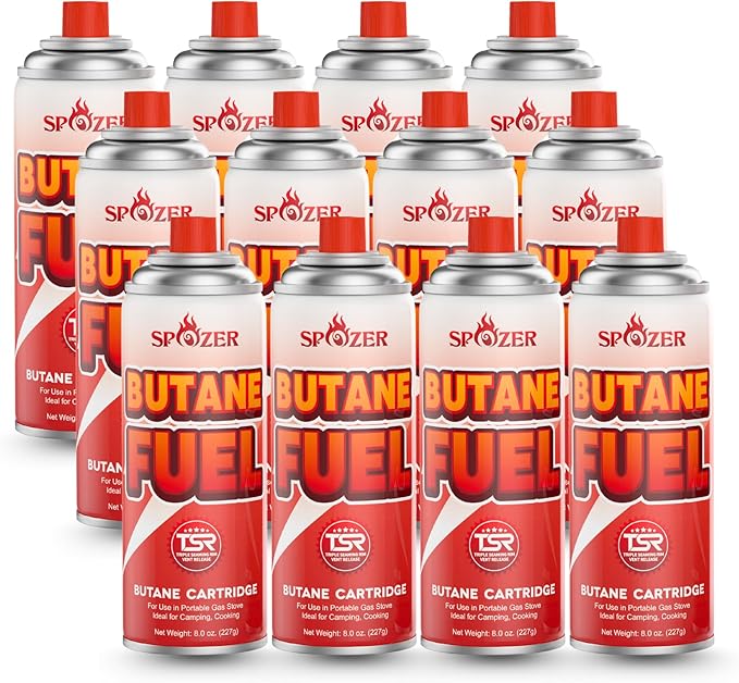 Butane Fuel Canister, 8oz (227g) Butane Refill with TSR Safety Valve, for Camping Stoves, Kitchen Torch, BBQ, 12 PCS
