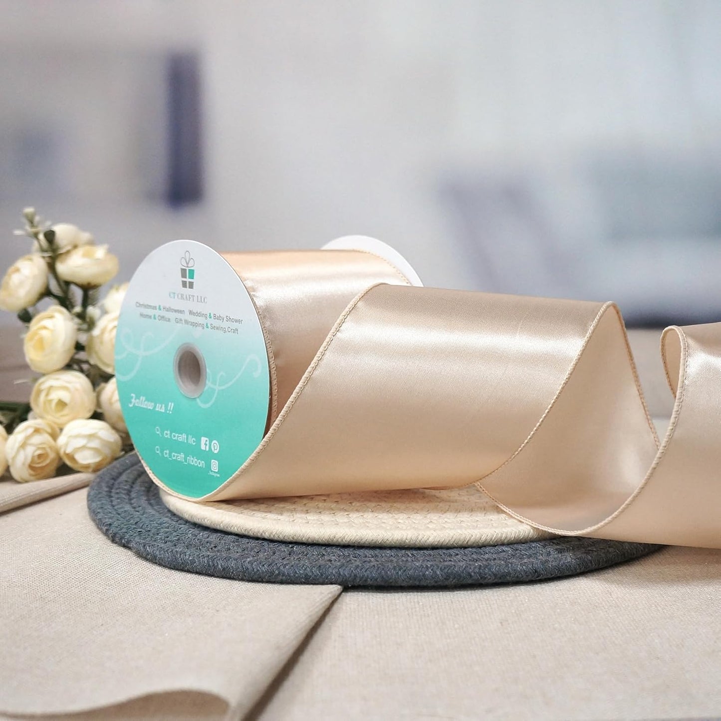 CT CRAFT LLC Satin Wired Ribbon 4 Inch x 20 Yards Champagne Gold for Christmas Home Décor Gift Wrapping Tree Topper Bow Wreath DIY Crafts,