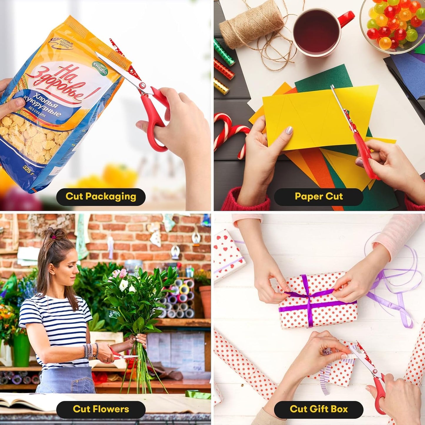 All Purpose Scissors for Construction Scrapbook Kraft Craft Paper, Gifts Wrapping Packing Paper Cutter Tool, 3 Pack Ultra Sharp 8" Thick Blade Comfort-Grip Scissors for Moving Package Supplies