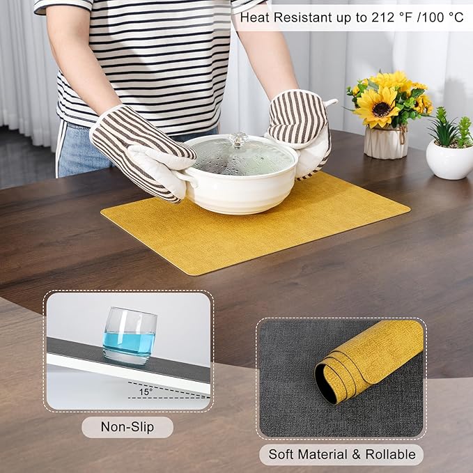 Myir JUN Placemats Dual Sided, Faux Leather Place Mats Set of 8 Indoor Placemats for Dining Table Non-Slip Washable Placemats Heat Resistant Outdoor Table Mats (Set of 8, Gray Yellow)