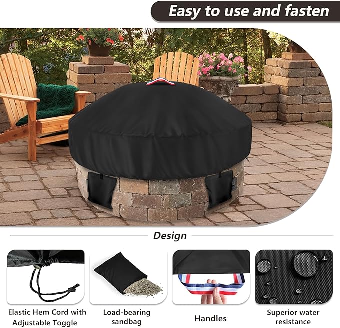 Outdoor Round Built in Stone Fire Pit Cover,Heavy Duty 600D Waterproof Cover for 50In-57In Fire Pit with Spark Screen,All-Weather Protection Round Fire Pit Cover for In Ground Brick Fire Pit,Black
