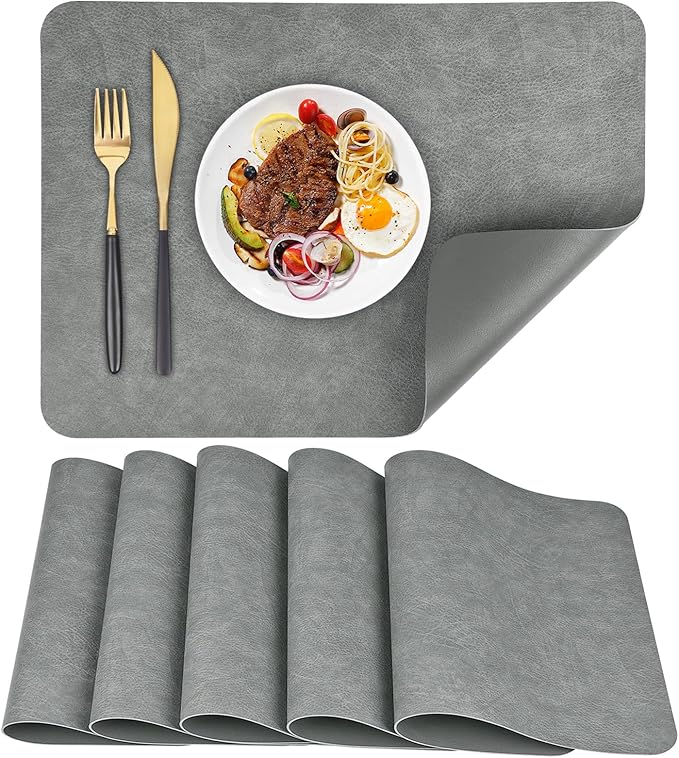 Faux Leather Placemats Set of 6 Table Mats Heat Resistant Reversible Place Mats, Waterproof Wipeable Dining Table Place Mats for Kitchen/Dining/Party/Outdoor,15.8 × 11.8 inches (Washed Grey)
