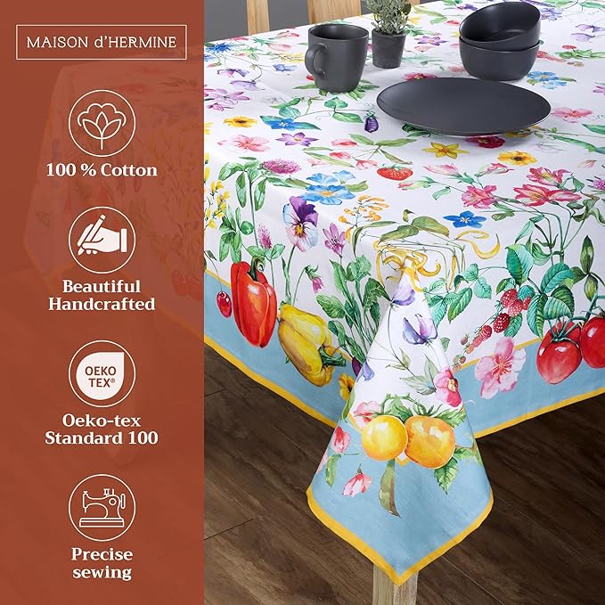 Maison d' Hermine Table Cloth Rectangle Table 100% Cotton 70 x 90 Inches Tablecloth Reusable Decorative Everyday Use for Dining Room, Farmhouse, Home, Party, Festive & Wedding Spring Summer - Giverny
