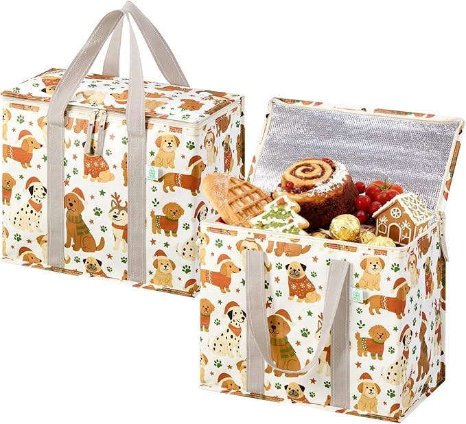 VENO 2 Pack Cooler Bag, Insulated Grocery Bags for Food Delivery, Collapsible Cooler, Reusable Shopping Bags for Groceries, Hard Bottom, Zippered, Foldable, Christmas Pattern (Holiday Pups, 2 Pack)