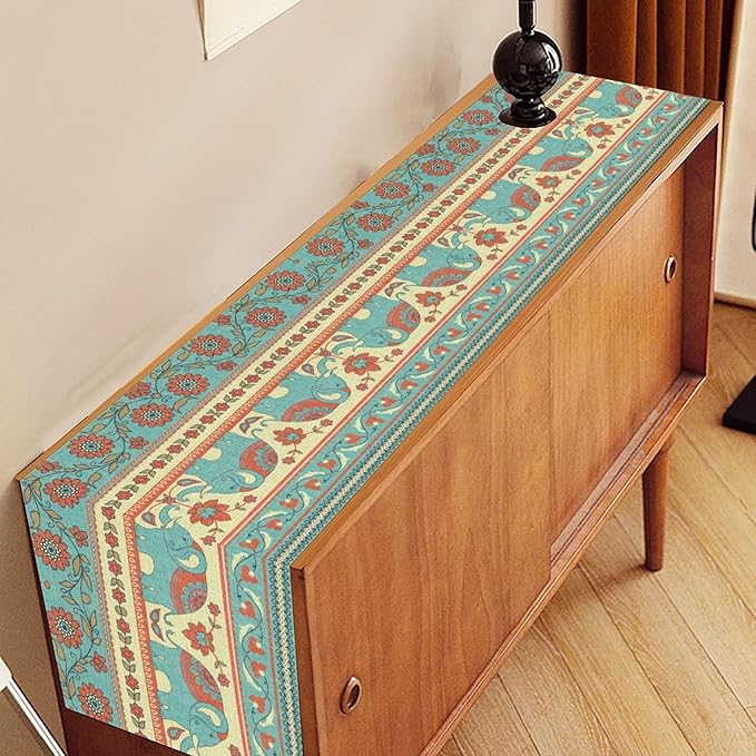 Boho Table Runner, Rustic African Tribe Indian Elephant Diwali India Ethnic Rustic Blue Coffee Table Center Decor for Home Kitchen Dining Patio Holiday Party Outdoor Table Decorations, 13"x72"