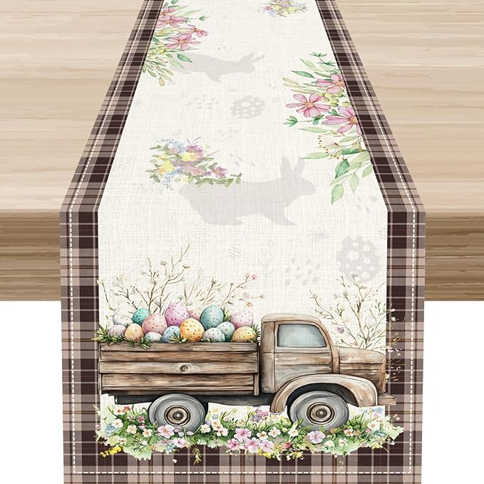 Easter Truck Table Runner,Rustic Brown Plaid Eggs Floral Bunny Spring Summer Holiday Table Center Decor for Family Kitchen and Living Room Outdoor Farmhouse Party Table Decorations, 13"x90"
