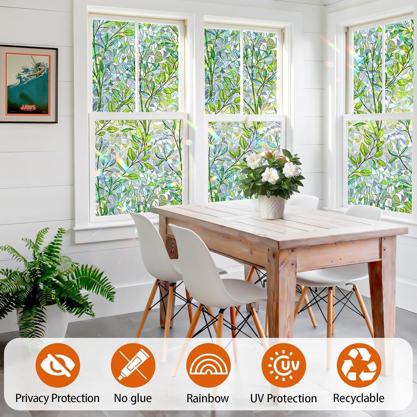 Niviy Window Privacy Film Stained Glass Window Film with Installation Tools, Rainbow Windows Decorative Decals Non-Adhesive Reusable for Home, Bathroom, Glass Door (Leaf Rainbow, 17.5 x 118 in)